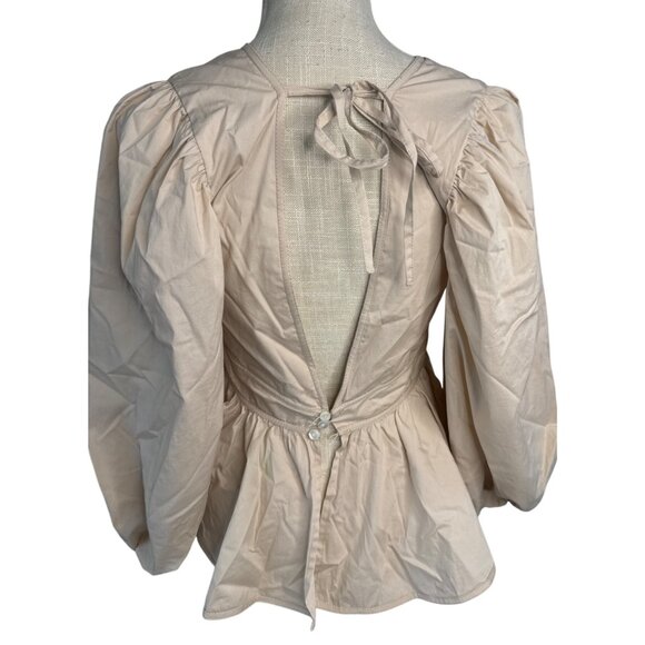 Staud Beige Peplum Blouse With Puff Sleeves & V-Neckline Size S - Picture 3 of 12